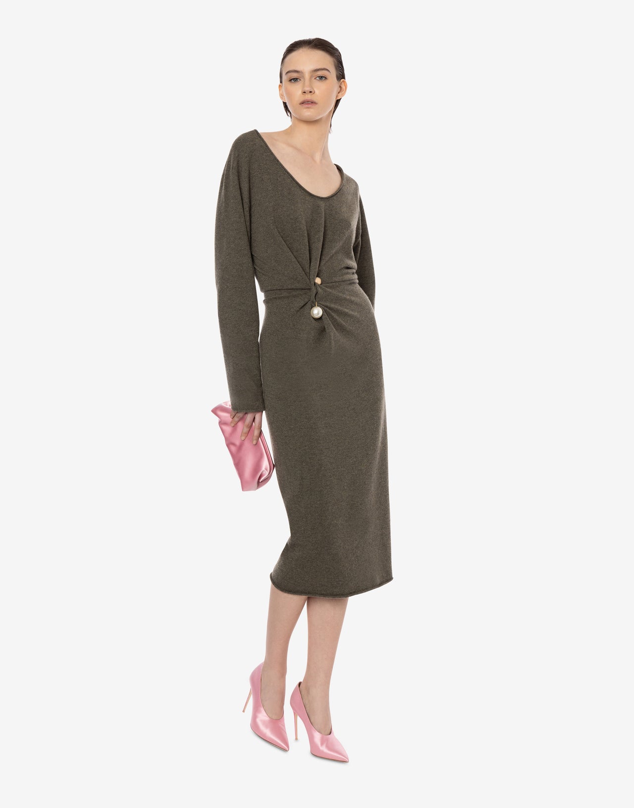 Silk and cashmere midi dress with jewel brooch