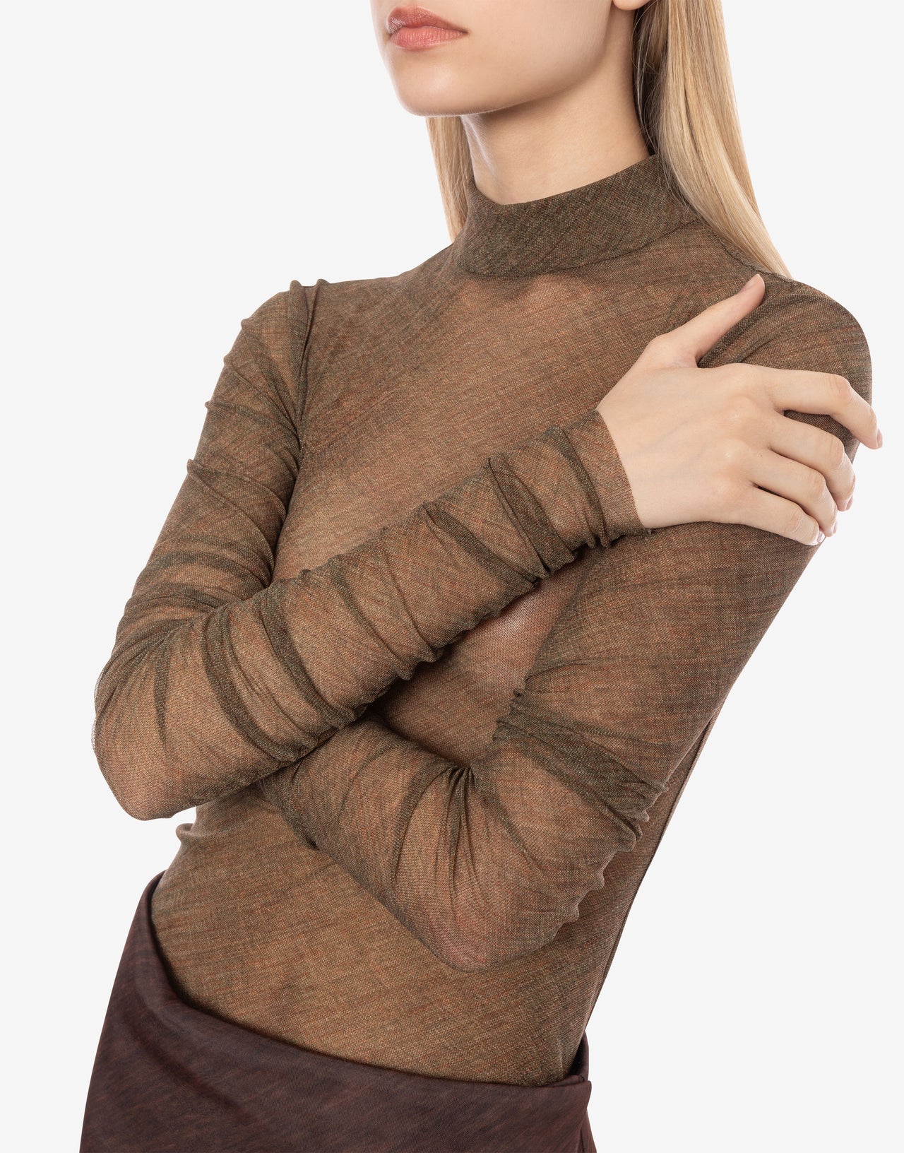 Stretch tulle fabric turtleneck jumper