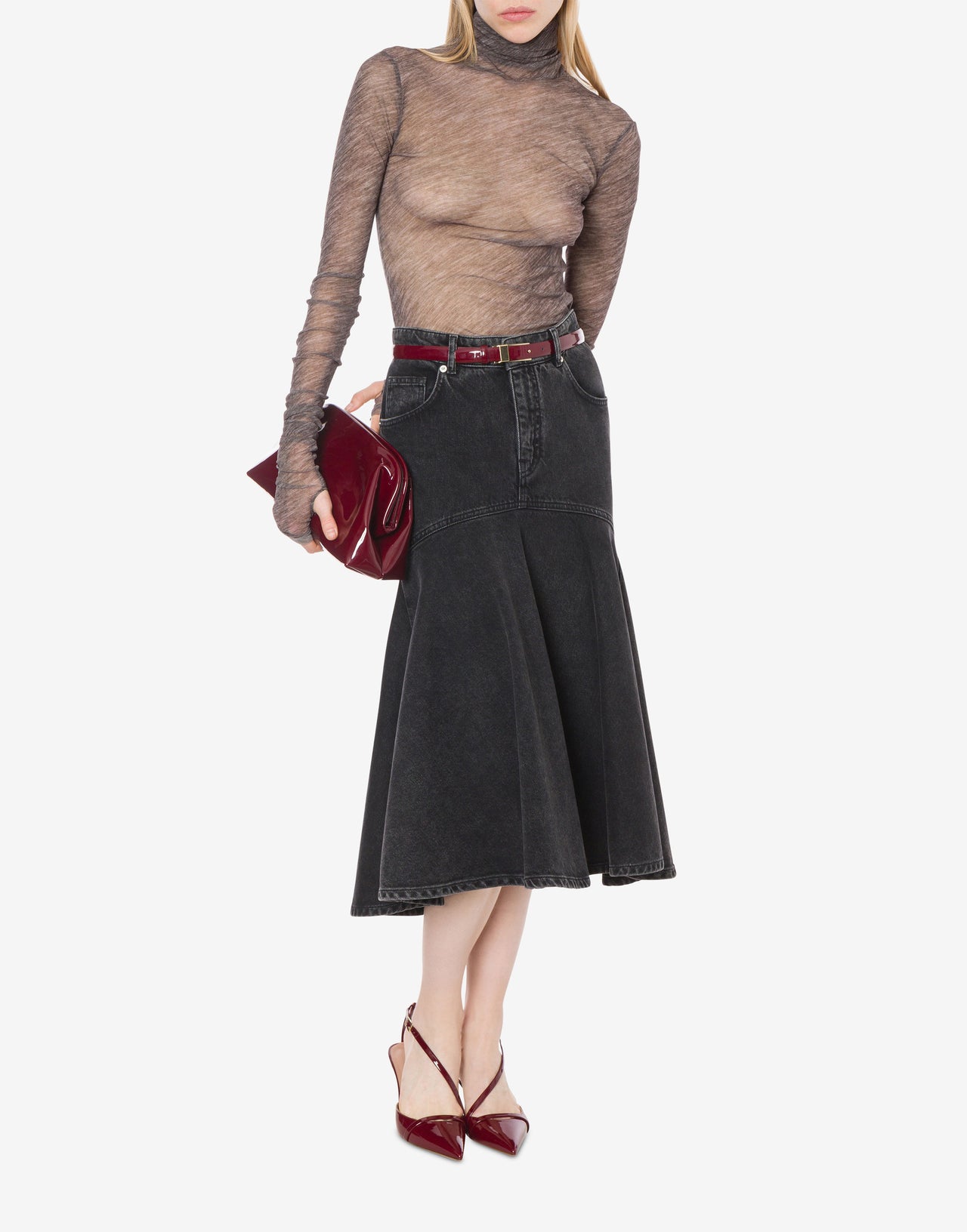 Black denim skirt with P embroidery