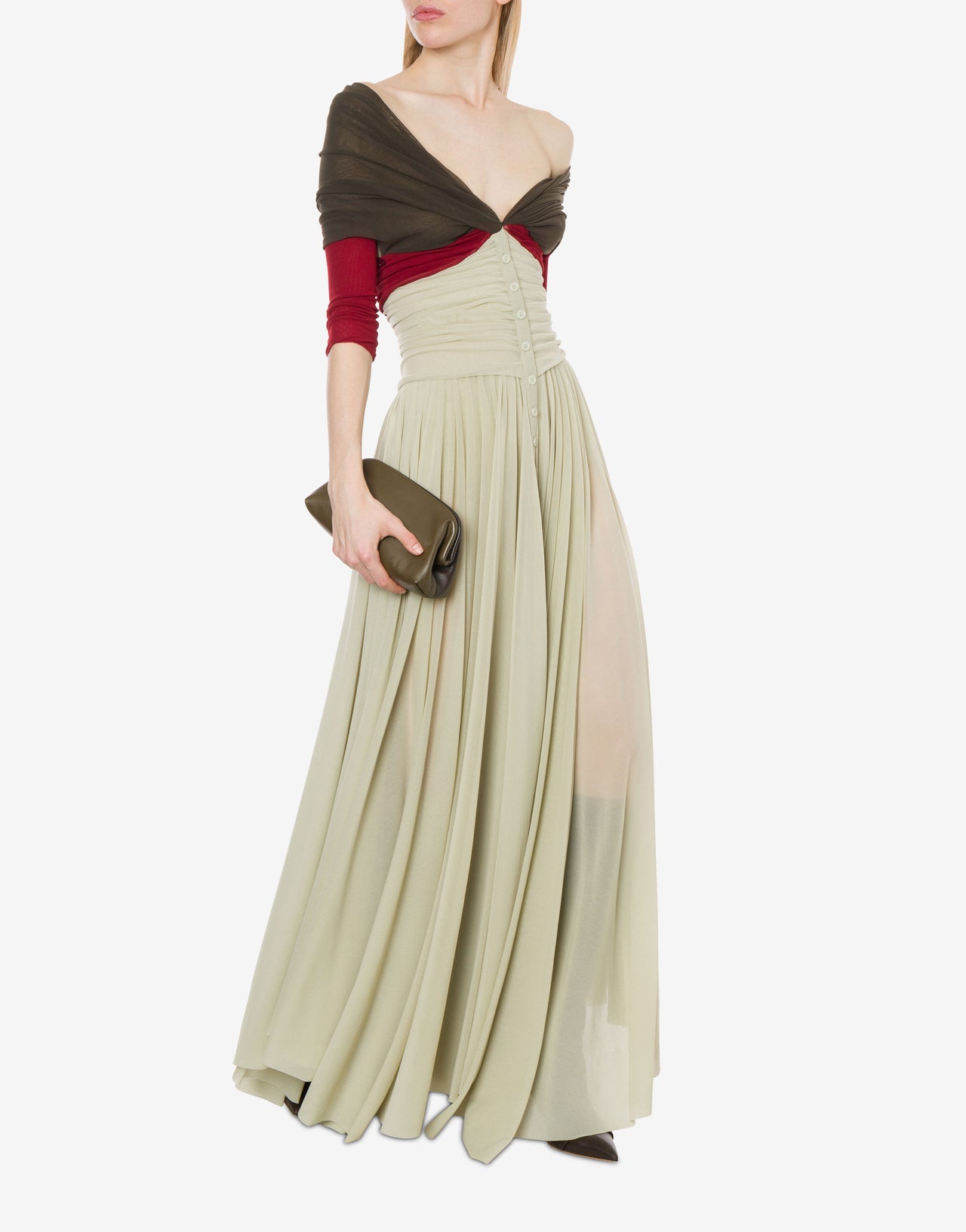 Dress in stretch tulle with detachable sleeves