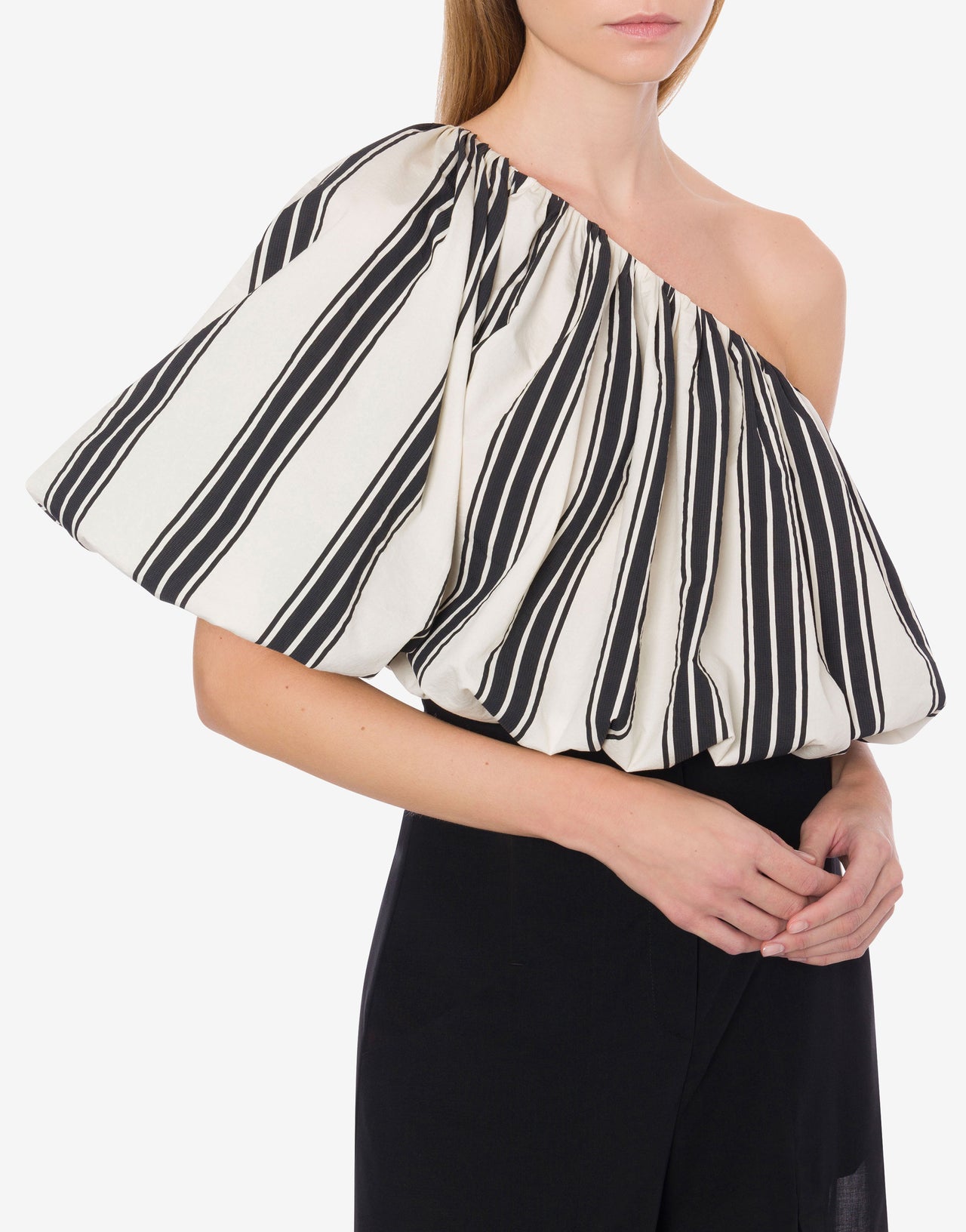 Cotton and nylon striped one-shoulder blouse