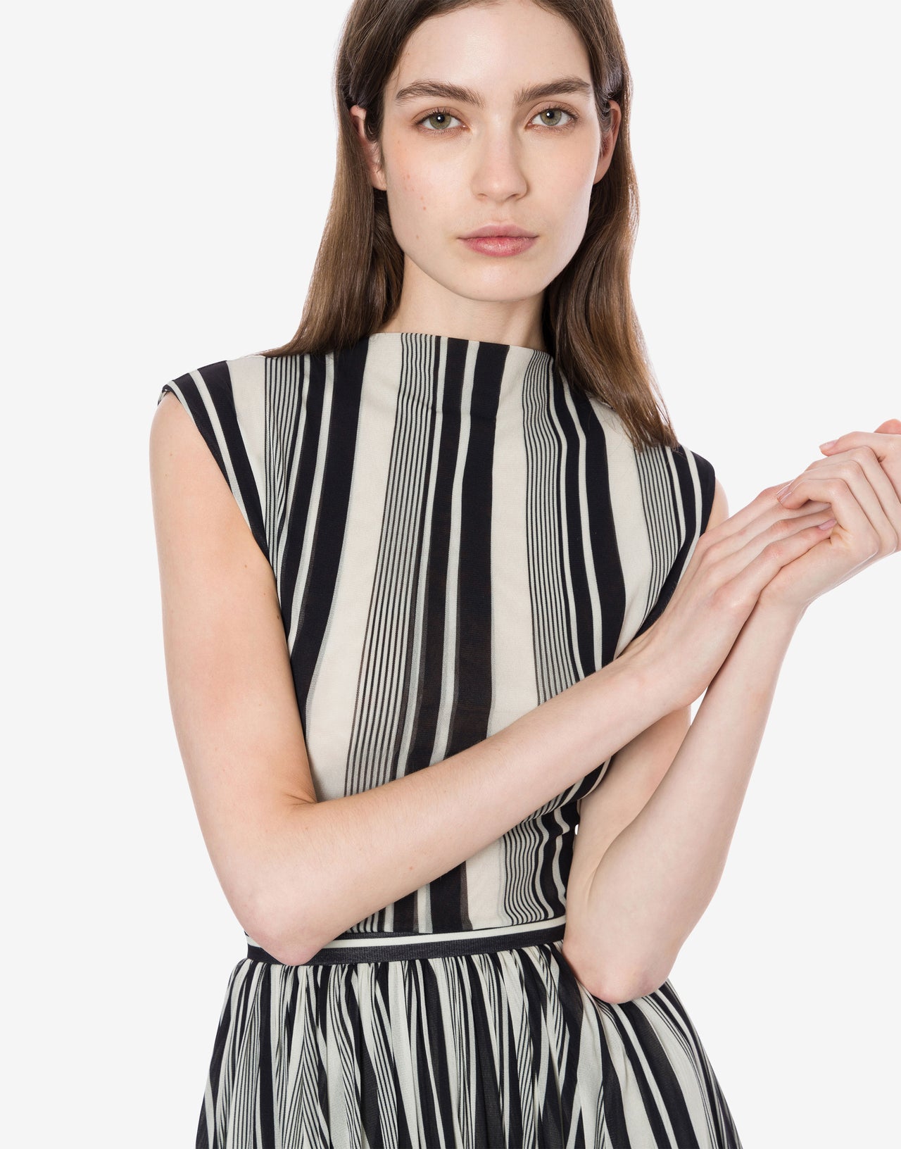 Stretch tulle top with stripe print